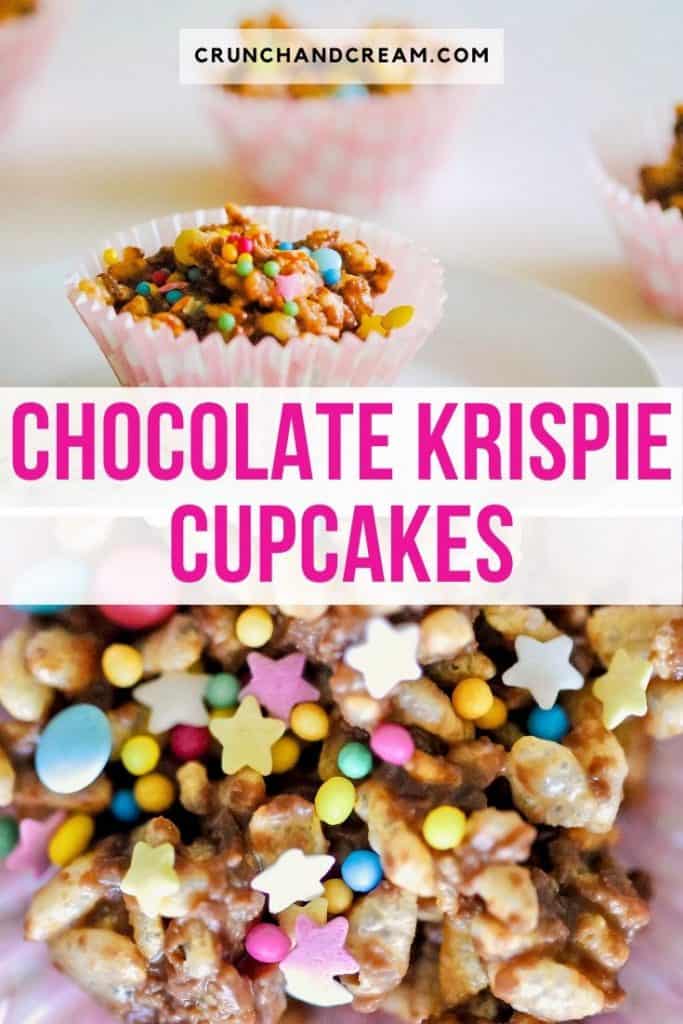 These chocolate rice krispie cupcakes are a tasty no-bake snack. #nobakedessertchocolate #nobakecupcakes #chocolatericekrispiecakes