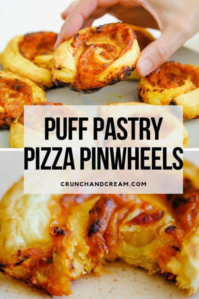 These pizza pinwheels are super quick and easy thanks to store-bought puff pastry. You can add all the toppings you like way beyond the basic sauce and cheese. Plus, they're re heatable and even delicious cold! #puffpastrypizzarolls #puffpastrypizzavegetarian #puffpastrypizzascrolls #puffpastrypizzapinwheels