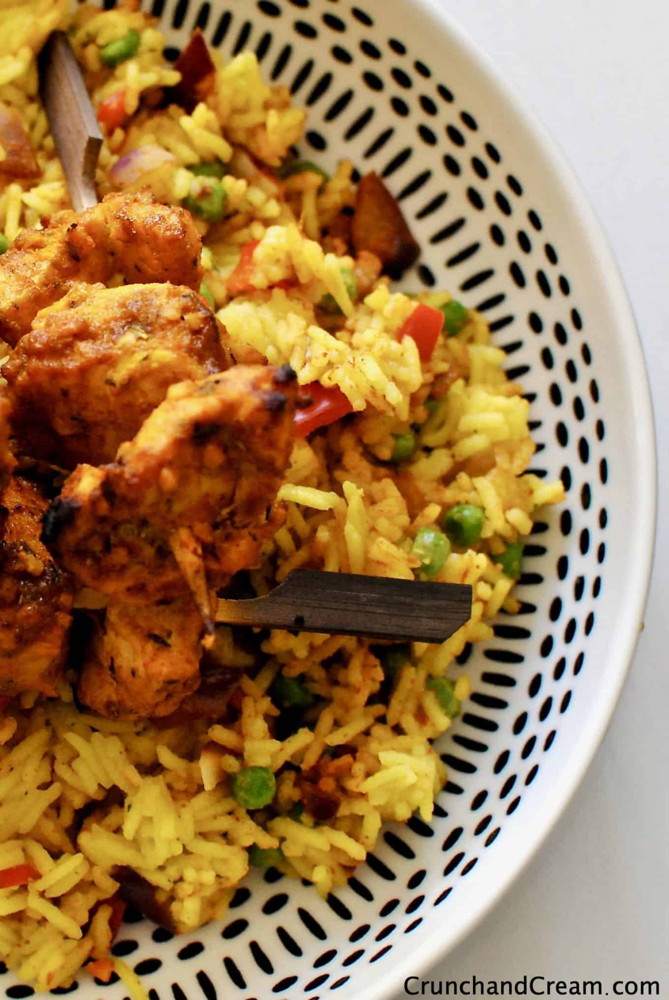 Spicy Chicken Skewers & Turmeric Rice Crunch & Cream