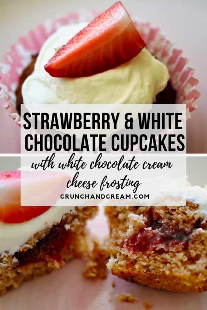 Moist and crumbly cupcakes full of white chocolate pieces and freeze-dried strawberry powder, filled with strawberry jam and topped with white chocolate cream cheese frosting. They're easy and full of fruity Spring flavours.