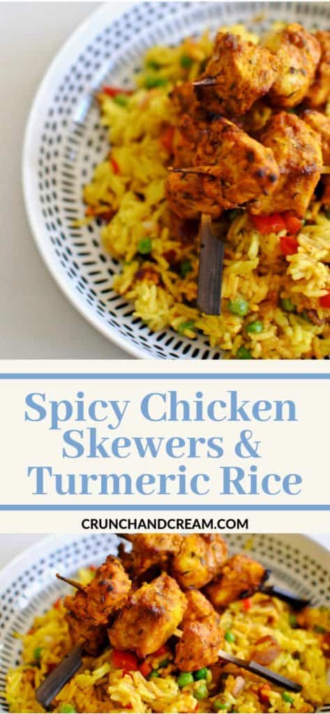These chicken skewers are deliciously spicy and flavourful, served with a side of lightly spiced turmeric rice with peppers and peas. A perfect dinner for those who like things spicy!