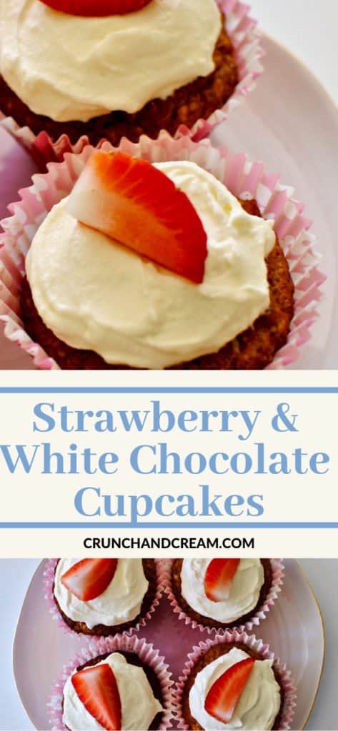 Moist and crumbly cupcakes full of white chocolate pieces and freeze-dried strawberry powder, filled with strawberry jam and topped with white chocolate cream cheese frosting. They're easy and full of fruity Spring flavours.