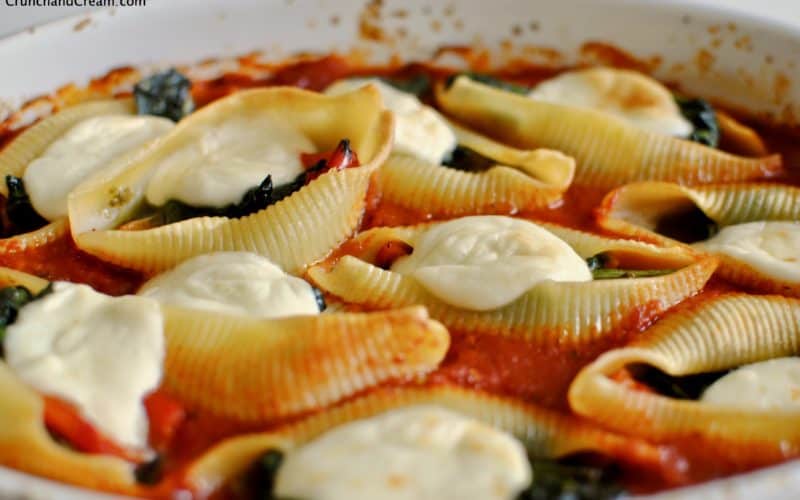 front-on view of stuffed pasta shells with spinach, pesto, peppers and mozzarella