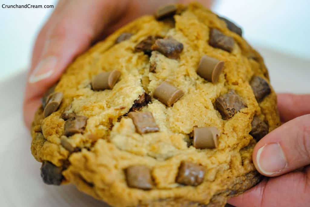 person gently breaking apart a large chocolate chip cookie to show the gooey, chewy texture
