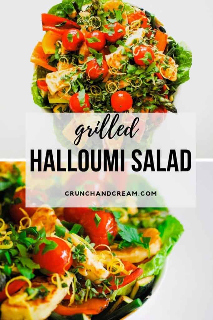 A quick and easy summer salad with plenty of veggies, this is the perfect lunch for two! Or, serve it with rice or pasta for a light and healthy dinner - it's versatile, delicious and will be your new go-to salad. #grilledhalloumisalad #halloumisalad #grilledhalloumi
