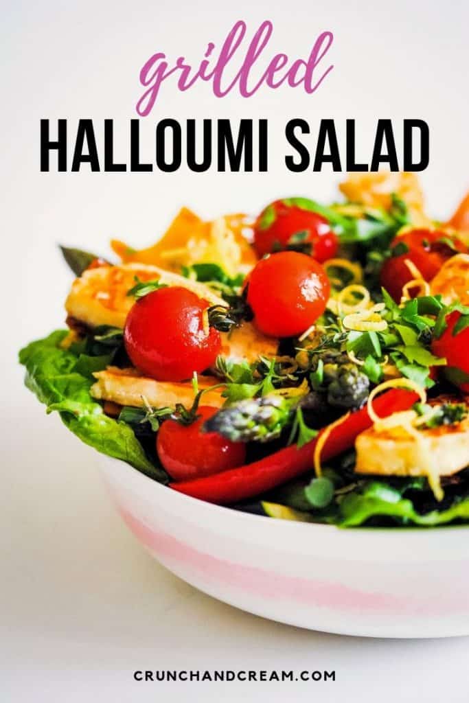 A quick and easy summer salad with plenty of veggies, this is the perfect lunch for two! Or, serve it with rice or pasta for a light and healthy dinner - it's versatile, delicious and will be your new go-to salad. #grilledhalloumisalad #halloumisalad #grilledhalloumi