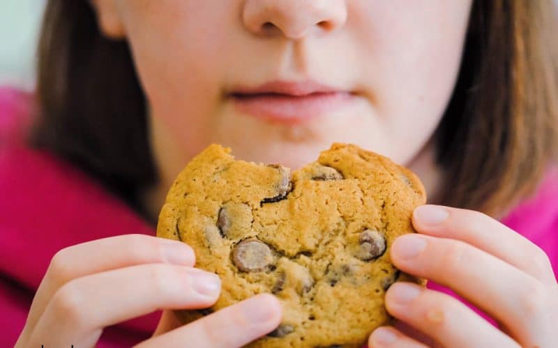 a child eating a chocolate chip cookie