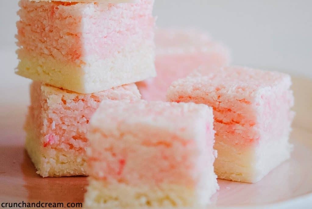 close-up of pink and white coconut candy